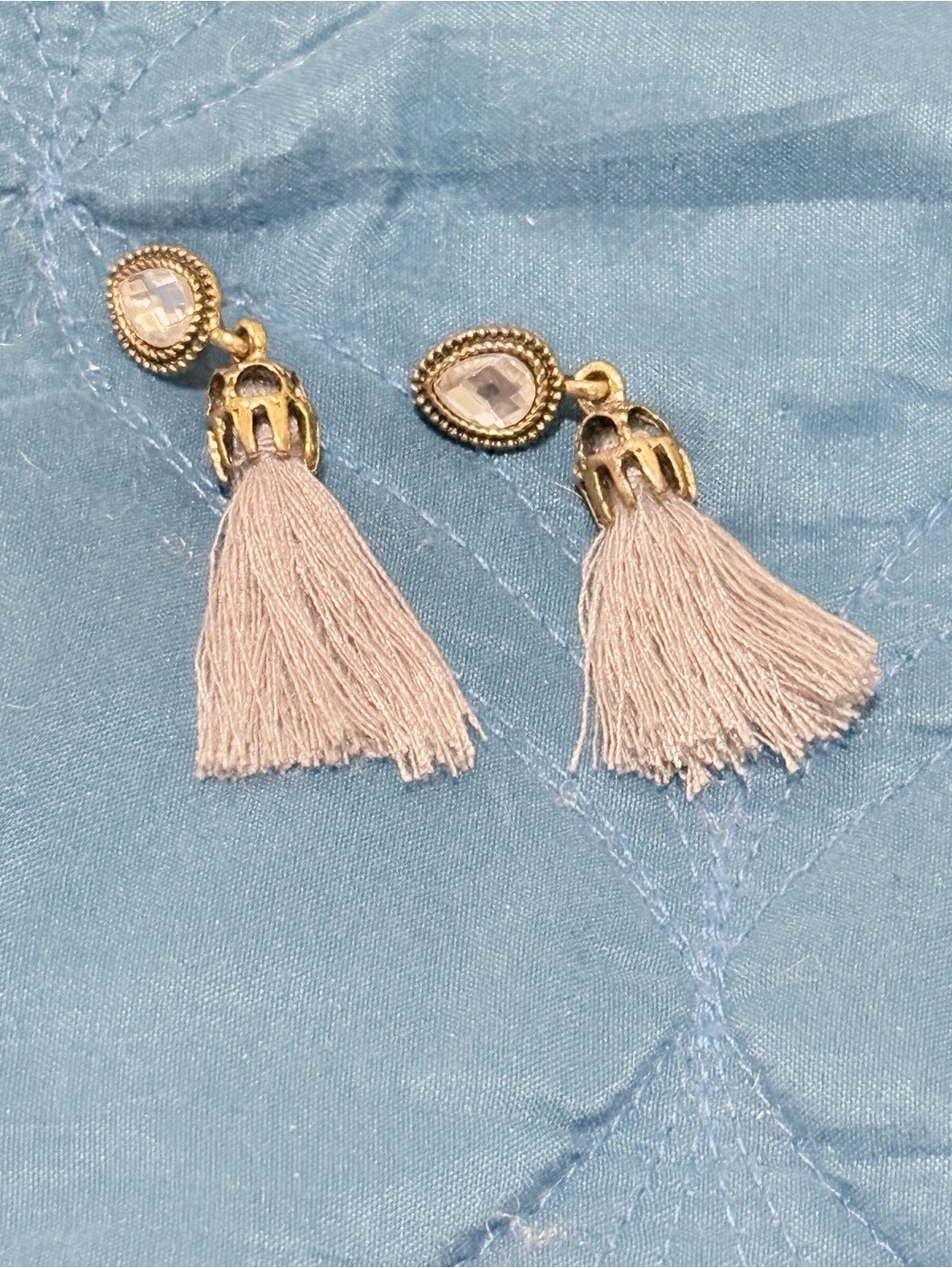 Gold-Tone Crystal Top Beige Tassel Drop Earrings